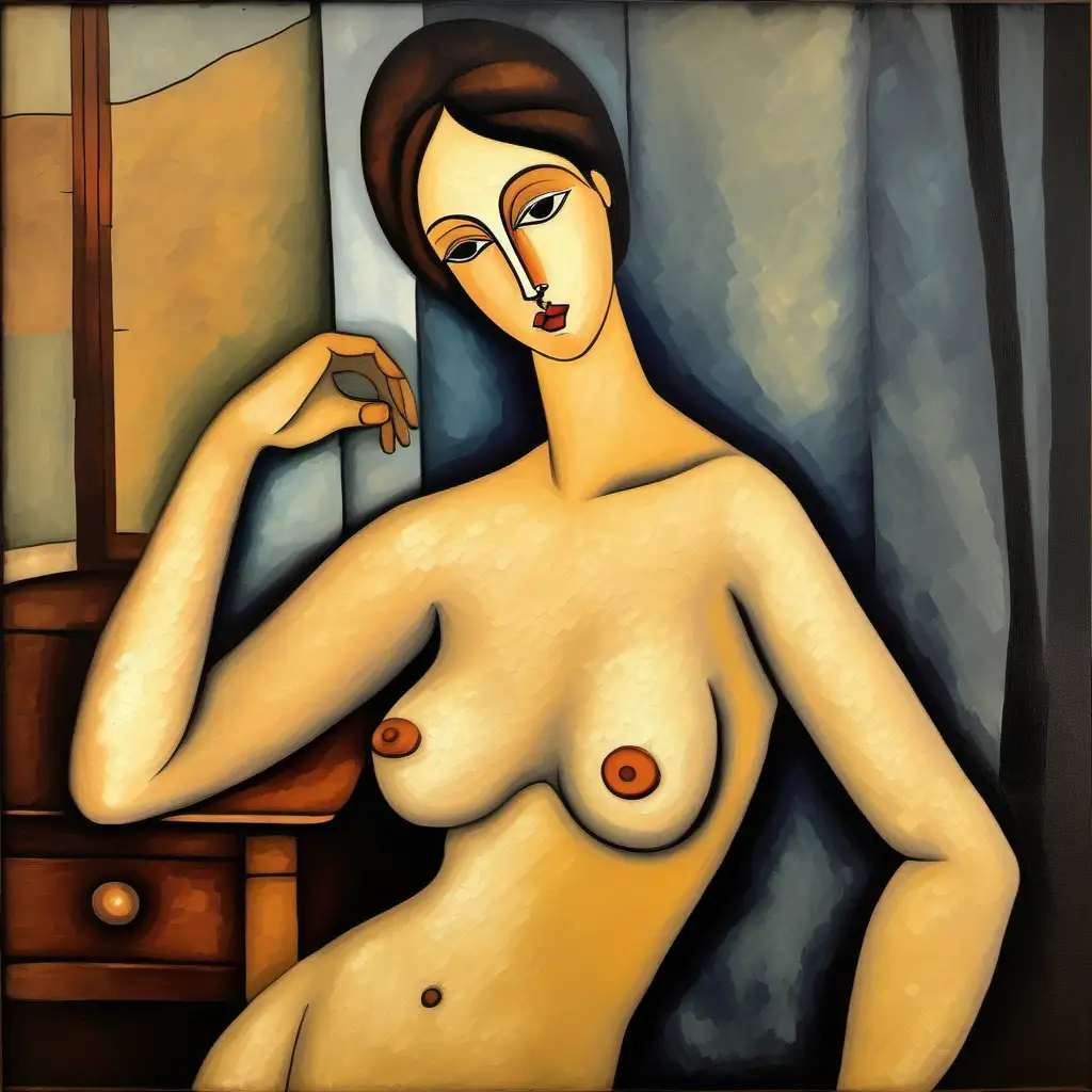 Une peinture a l'huile effet toile vieilli , d'une femme nue  dans le style de Modigliani