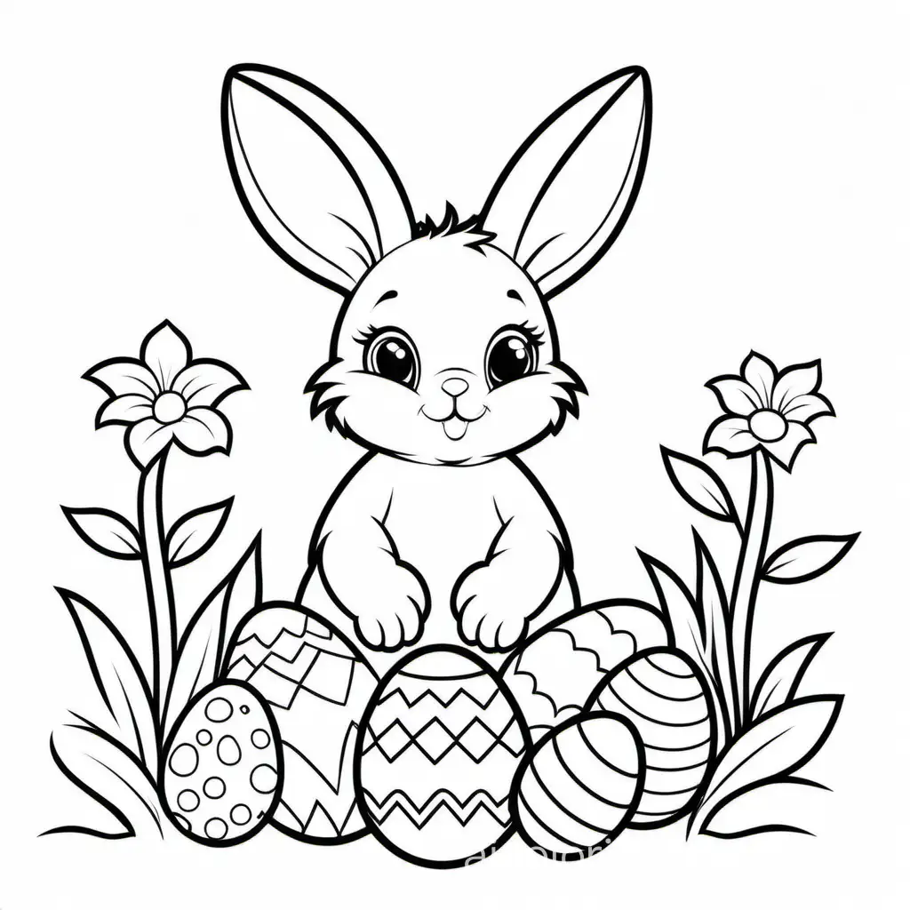 Baby easter bunny, Coloring Page, black and white, line art, white background, Simplicity, Ample White Space. The background of the coloring page is plain white to make it easy for young children to color within the lines. The outlines of all the subjects are easy to distinguish, making it simple for kids to color without too much difficulty