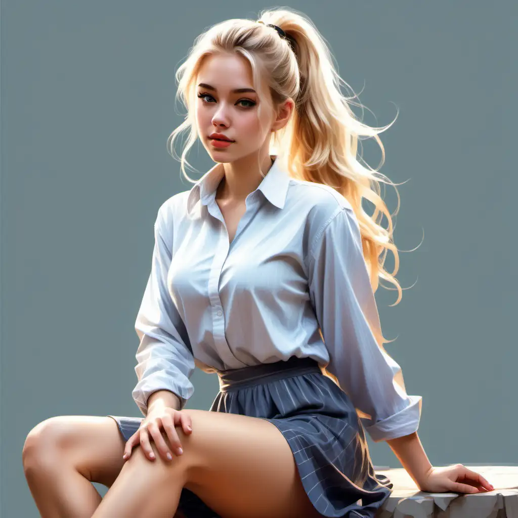 An illustration of a beautiful and hot girl, 
in a beautiful outfit,  
blond wavy hair in a ponytail ,
open eyes,
sitting,
Full body,
HD, 
high quality, 
no background, 
no shadow, 
impressionism style