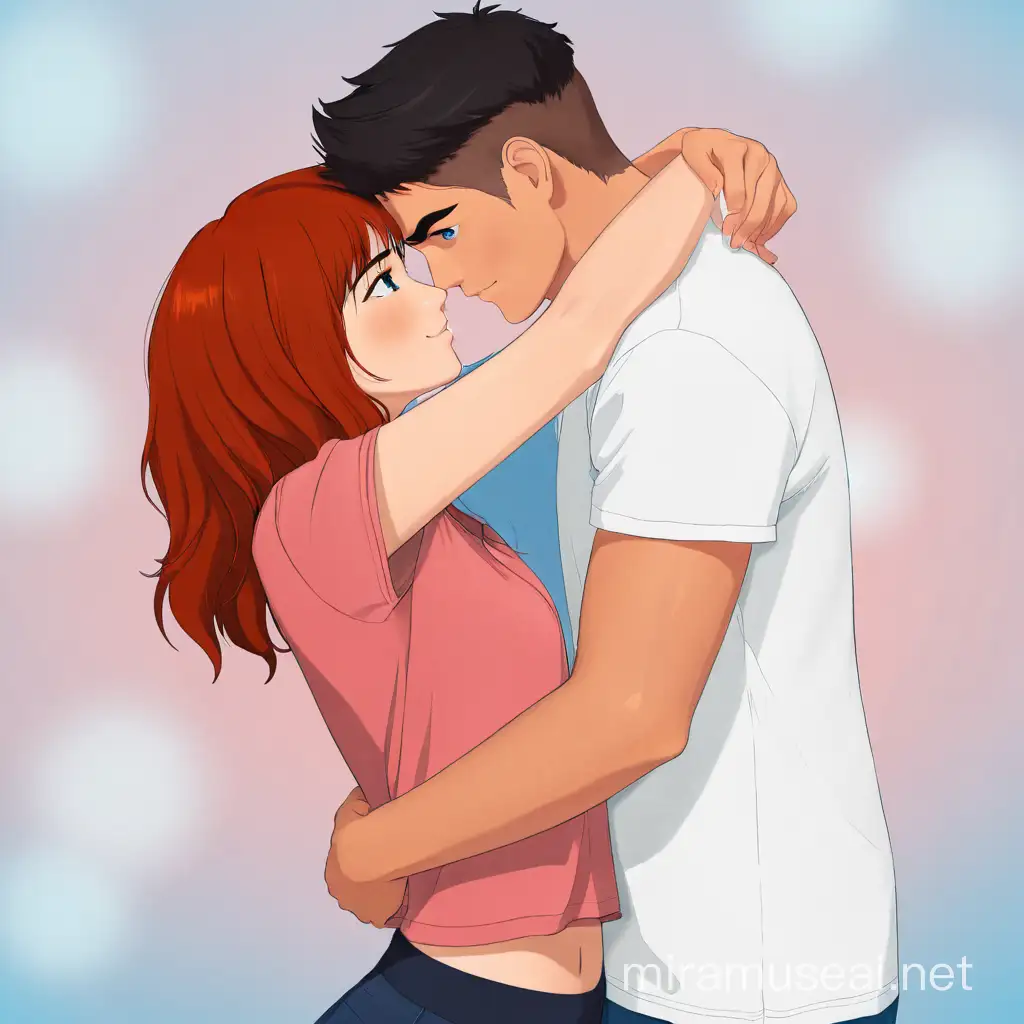 Boy and girl Hugging eachother girl had red hair black eyebrows dark blue eyes and boy had brown hair brown eyebrows brown eyes