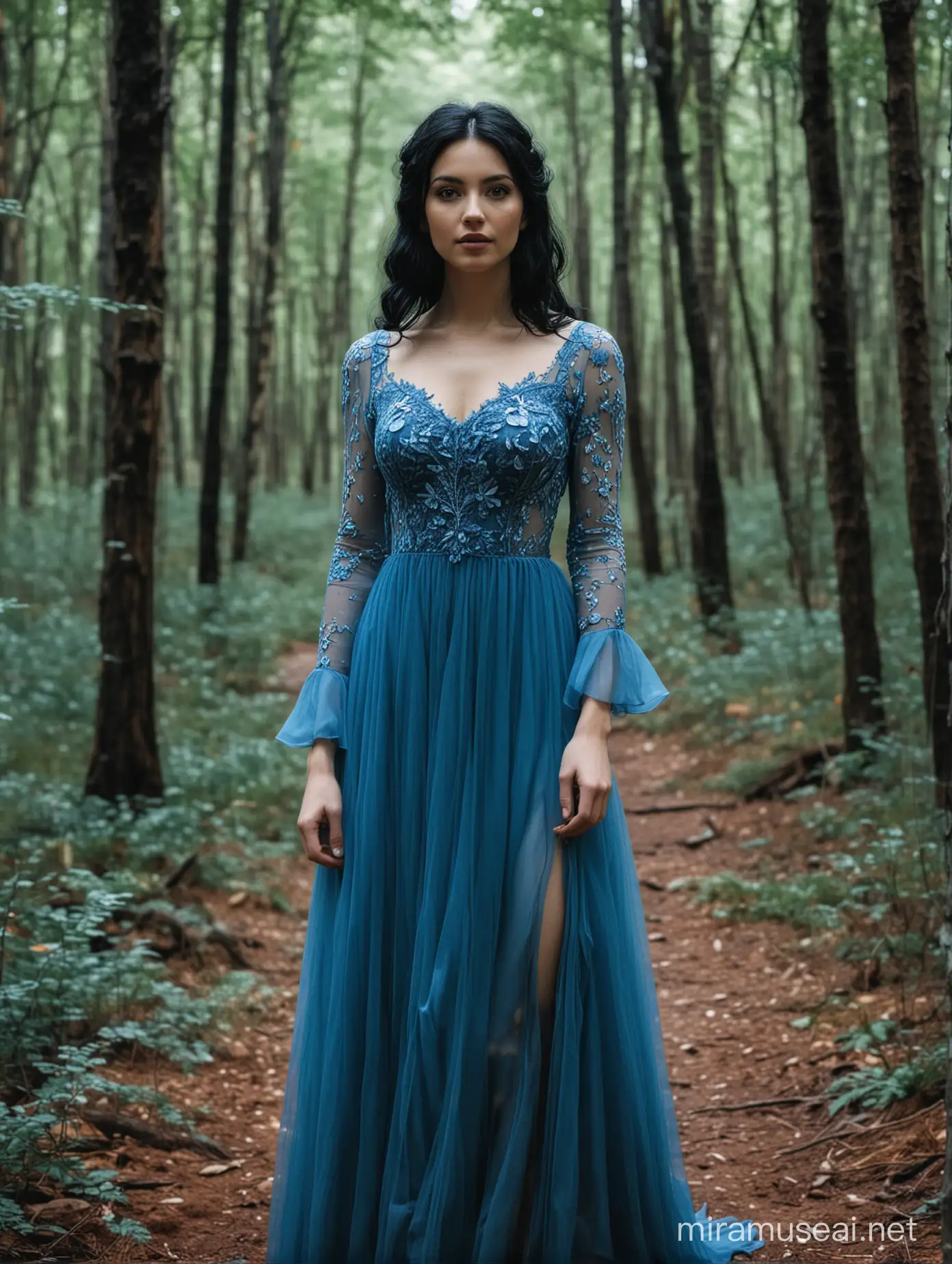 Elegant Woman in Blue Dress Amid Enchanting Forest
