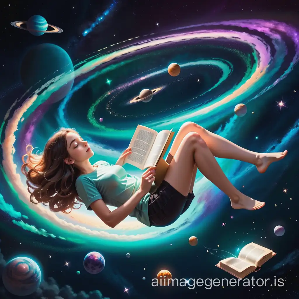 A girl floating in space and reading a book of law of attraction