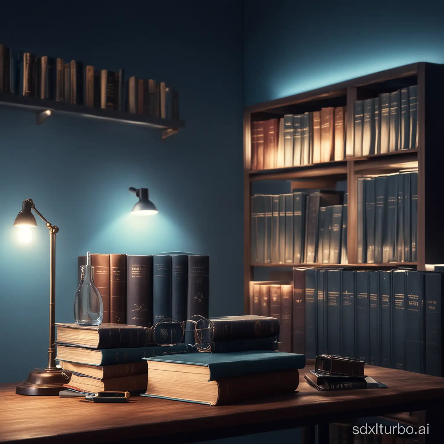 Creat office background with books and beautiful blue lighting