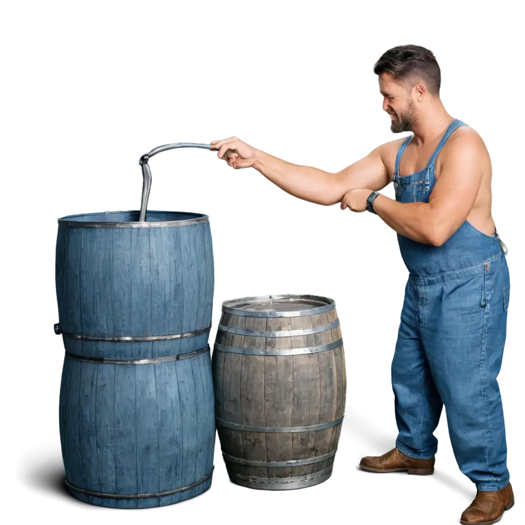 a fat moonshiner touches blue barrels and a moonshine still