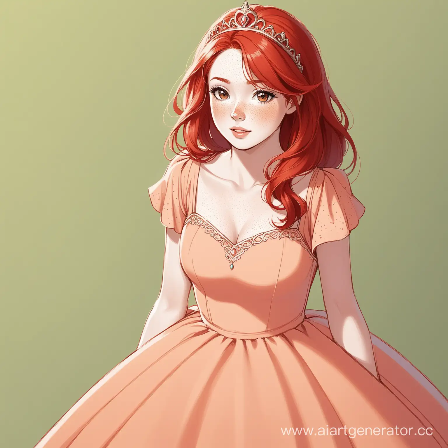 взрослая рыжая девушка принцесса с веснушками в персиковом платье
