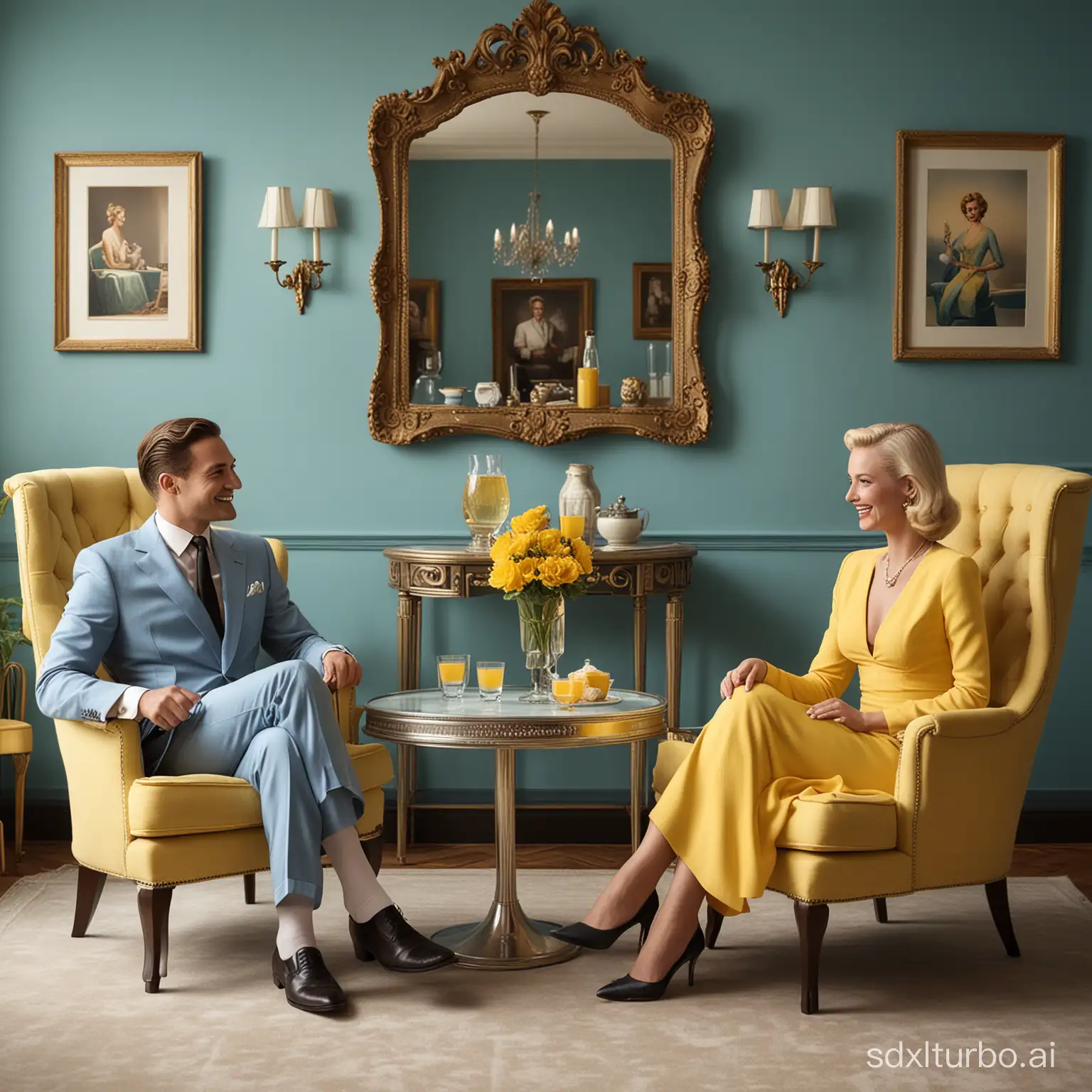 In a photorealistic style, recreate the 1950s ambiance of a living room scene with pastel blue walls and elegant frames and vintage decor. A man in a sharp blue suit and a blonde woman in an elegant yellow dress sit in mid-century modern chairs, with a round glass table between them holding a large ornate silver serving pot and glasses with a yellow drink. They are toasting with the drinks, smiling and enjoying a lively conversation in a room that captures the sophistication and style of the era.