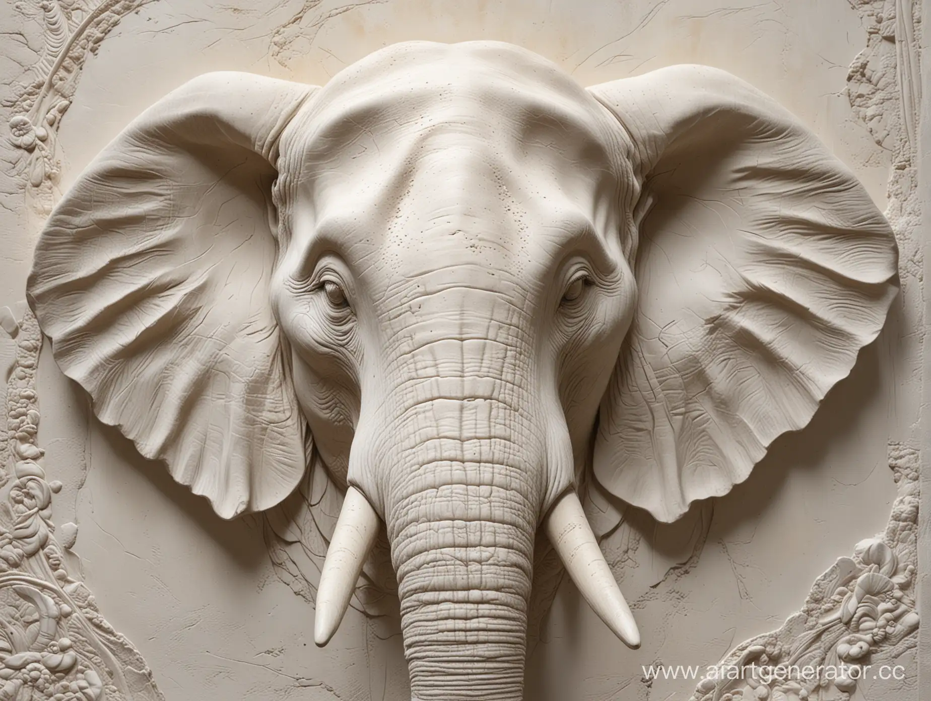 CloseUp-White-Gypsum-BasRelief-Elephant-Sculpture-Detailed-Eyes-and-Ears