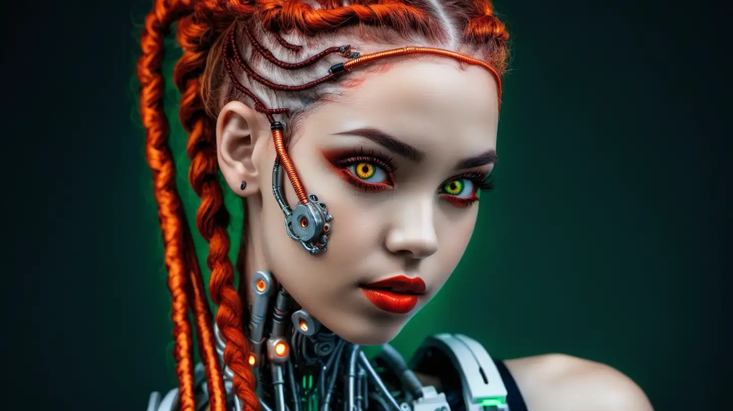 Beautiful cyborg woman, 18 years old. She is absolutely gorgeous. Red lips. Orange wild braids. Green eyes. 