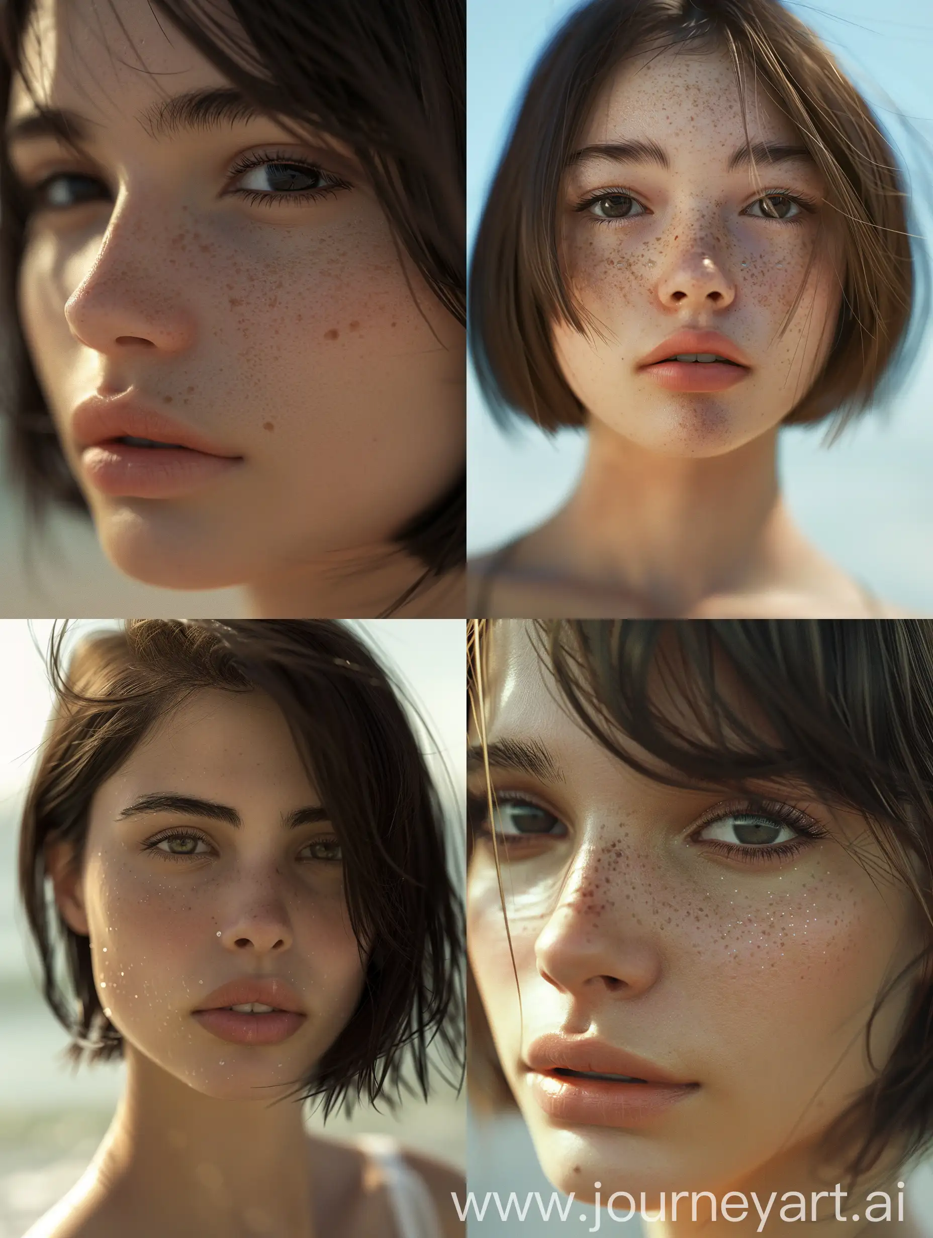 **elegantism, insane detail, ((BEST QUALITY)), ((masterpiece)), ((DETAILED)), PERFECT FACE, 19 years old, mixed ethnicity (LATIN AND SCANDINAVIAN), delicate chin, delicate nose, beautiful black eyes, short straight brown hair, ON THE VERGE OF THE SEA, Lone hair on face, PORTRAIT PHOTOGRAPHY, BEAUTIFUL, SUNLIGHT, SOFT LIGHT, REAL FUJIFILM SUPERIA PHOTOGRAPHY, FULL HD, PHOTOGRAPHED ON A CANON EOS R5 F1 2 ISO100 35MM, HYPER-MAXIMALISM, INTRIQUE, INSANELY DETAILED, SHARP FOCUS, ULTRA REALISTIC, DSLR, UHS, 8K, FINAL RENDER