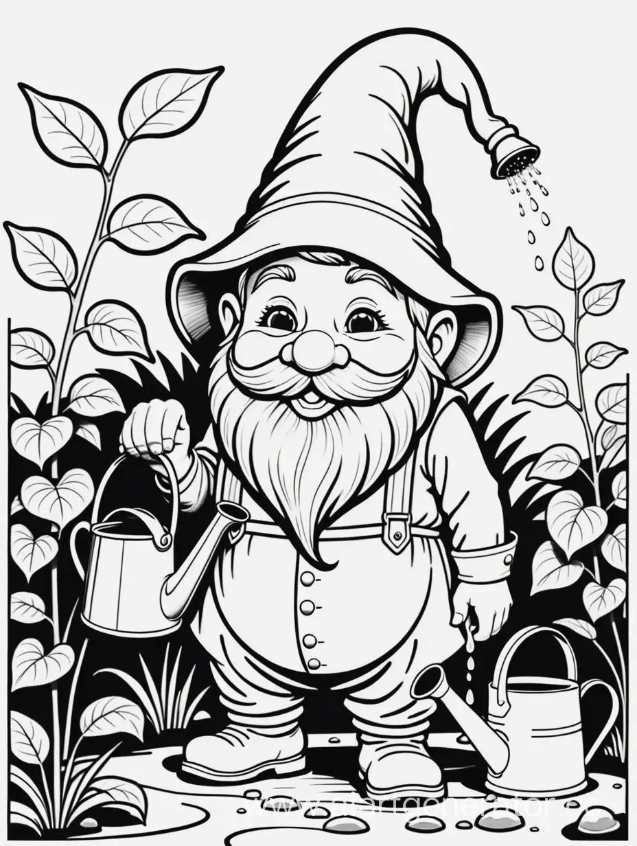 Gnome-Watering-Can-Coloring-Page-Bold-Lines-Woodcut-Illustration