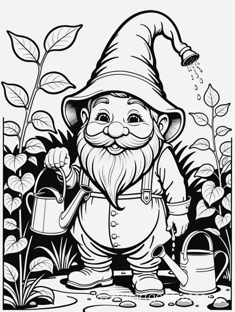 coloring book pages with bold lines of a gnome with a watering can, no face, black and white, 
woodcut, cartoon