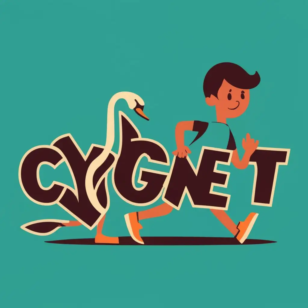 logo, child running with a black swan on a running track. Include trees, dirt and a gym teacher, with the text "Cygnet Primary School Run Club", typography, be used in Sports Fitness industry