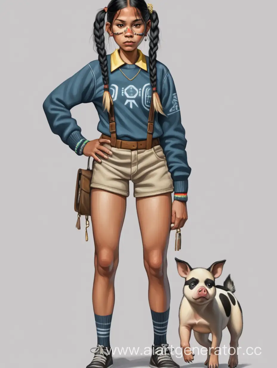 Indigenous female dogcatcher in shorts and long sleeves and with pigtails, full height