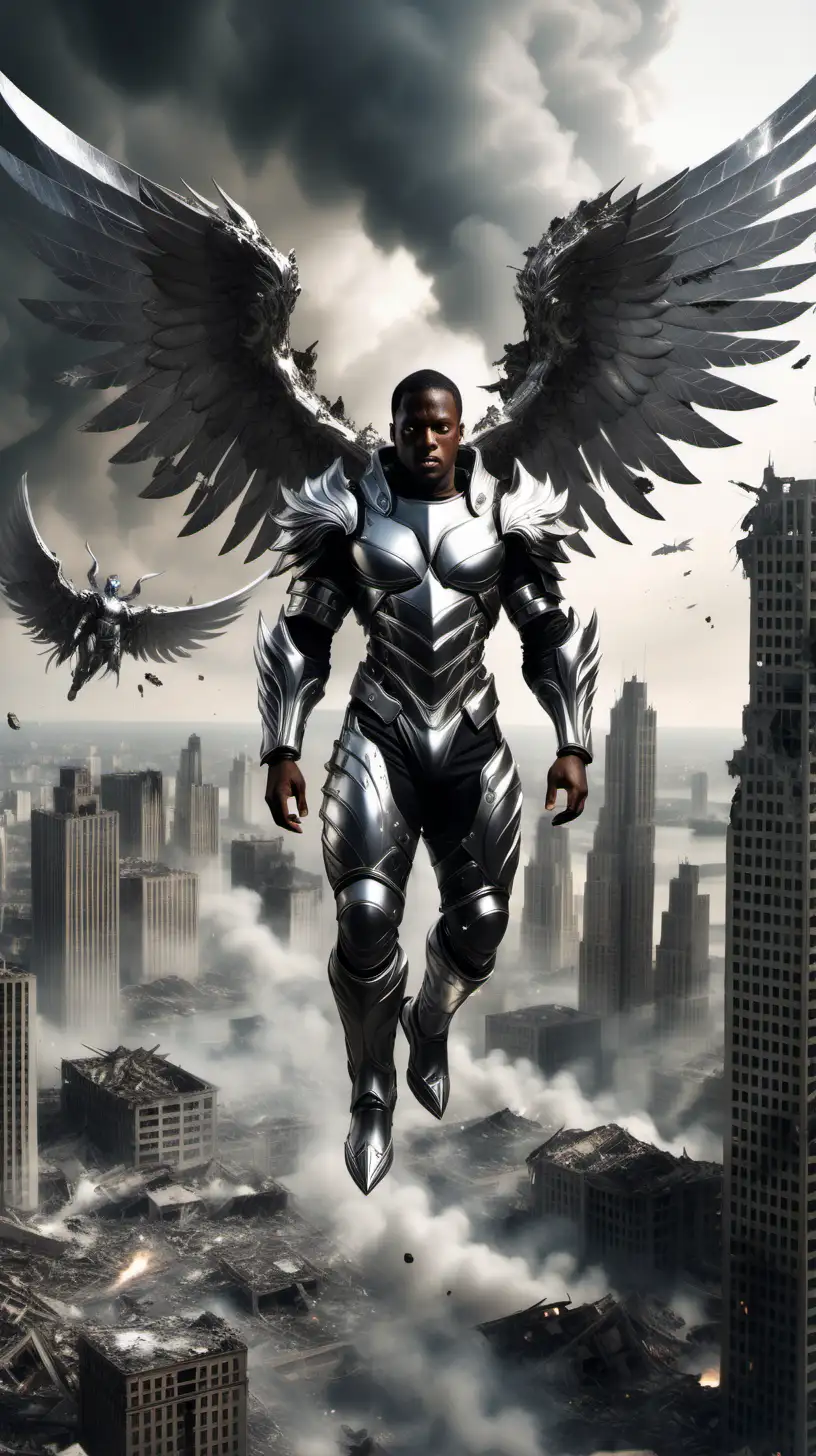 Black man with silver armor with wings floating above destroyed city