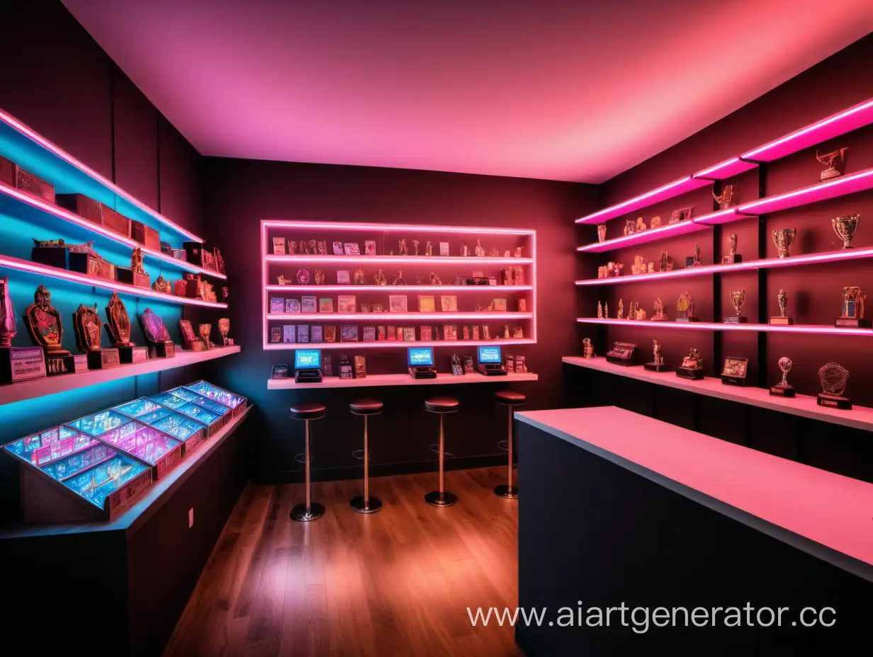 Cozy-Game-Room-with-Neonlit-Shelves-and-Trophies