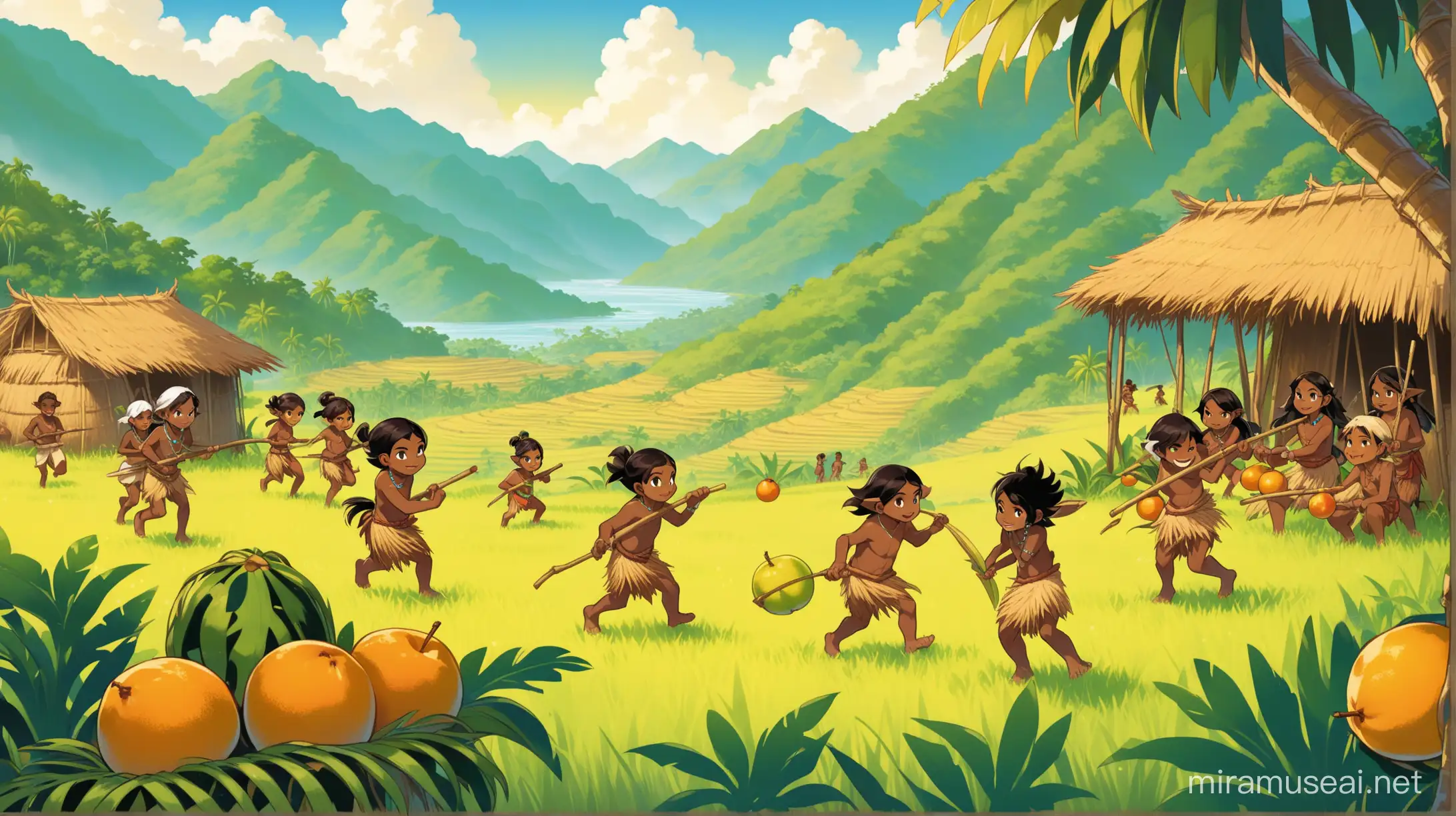 plan d'ensemble d'un peuple mélanésien dans leur tribu qui se trouve de la montagne. Ces personnages sont vêtu de tenu en paille et sont torse nu. Ils font divers activité random (des enfants jouent, des adultes chasses, des femmes cueille des fruits et d'autre vont au champ). Ce peuple vie dans les montagnes calédoniennes (dans le pacifique). L'illustration est de style wakfu.