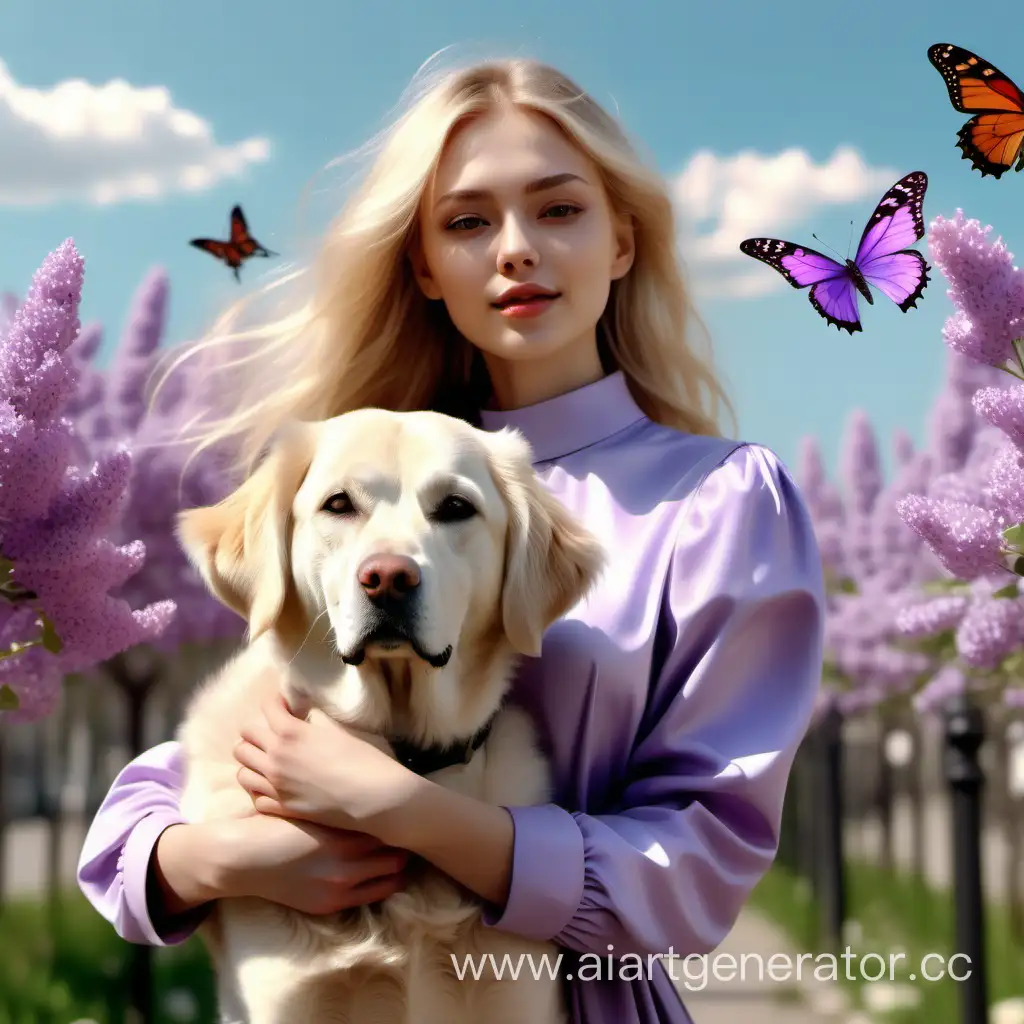Spring a beautiful Russian woman in lilac flowers butterflies flying holding a dog in her hands high quality pronounced facial features blonde hair modern clothes full height not blurred drawing details a clear sunny day without transformation clearly selected scene realism 8k hd