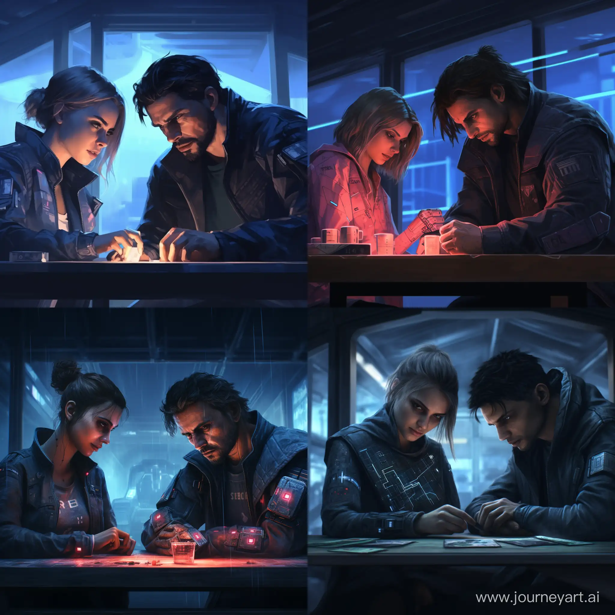 a girl and a guy are sitting at a table and playing, playing cards are on the table, a cyberpunk image