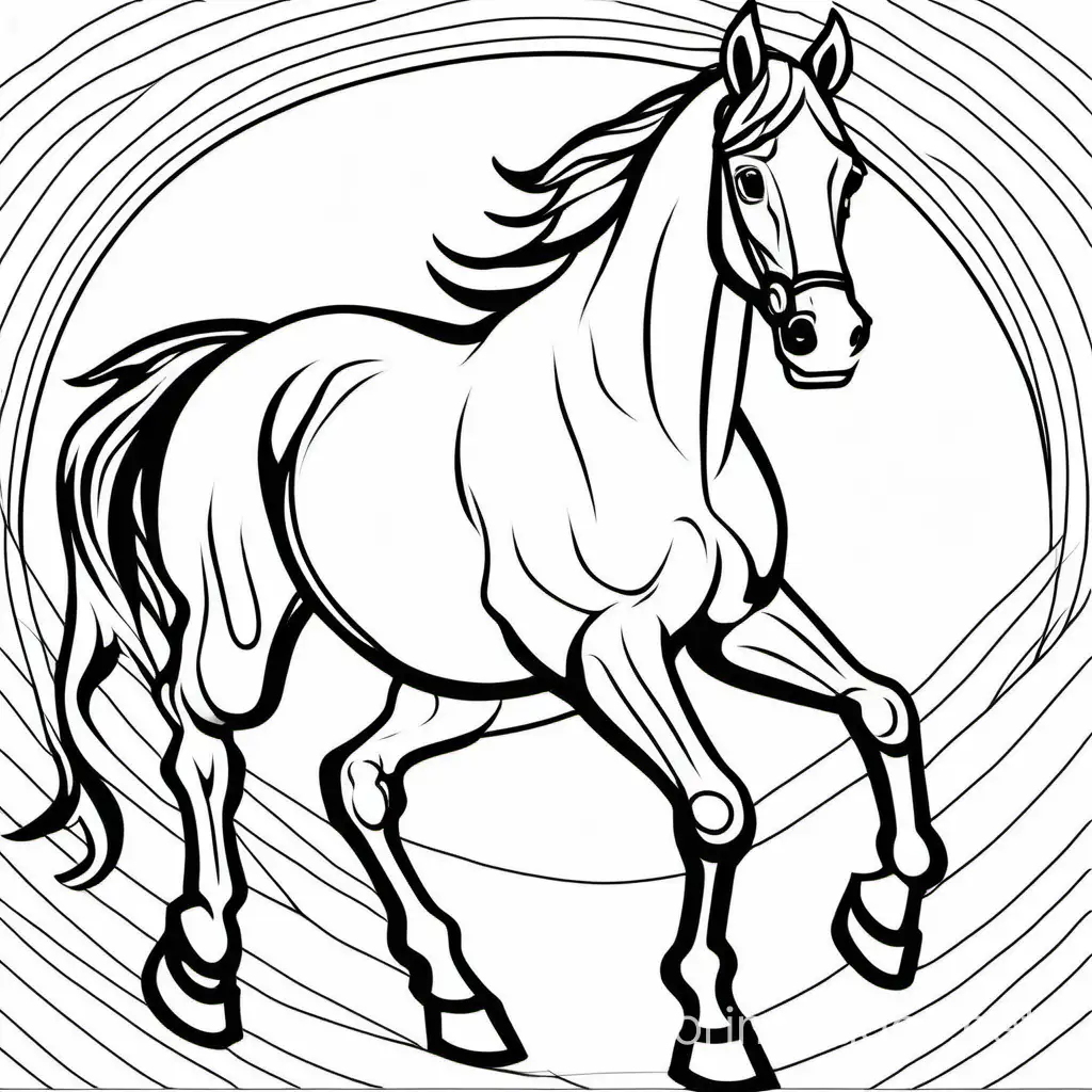 horse color in, Coloring Page, black and white, line art, white background, Simplicity, Ample White Space. The background of the coloring page is plain white to make it easy for young children to color within the lines. The outlines of all the subjects are easy to distinguish, making it simple for kids to color without too much difficulty
