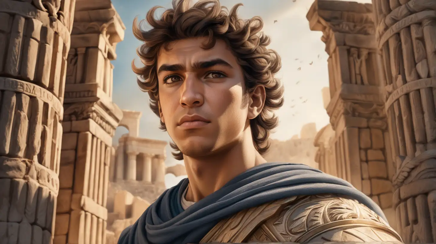 8k close up Image:  A striking portrait of Isaiah as a young man, his expression filled with determination and purpose, set against a backdrop of ancient ruins and regal symbols, hinting at his future role as a revered prophet who would boldly proclaim God's word to kings and nations, despite his humble beginnings. bible history