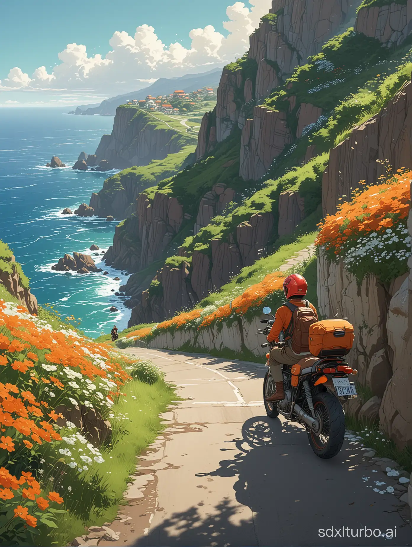 A Studio Ghibli anime style,cel shading,a red motorcycle with a boy wearing orange helmet and brown backpack,parked on a winding coastal road,overlooking a vast ocean bay and lush green cliffs,white flowers grow along one edge of the cliffside path,sunny day,vibrant colors,cinematic