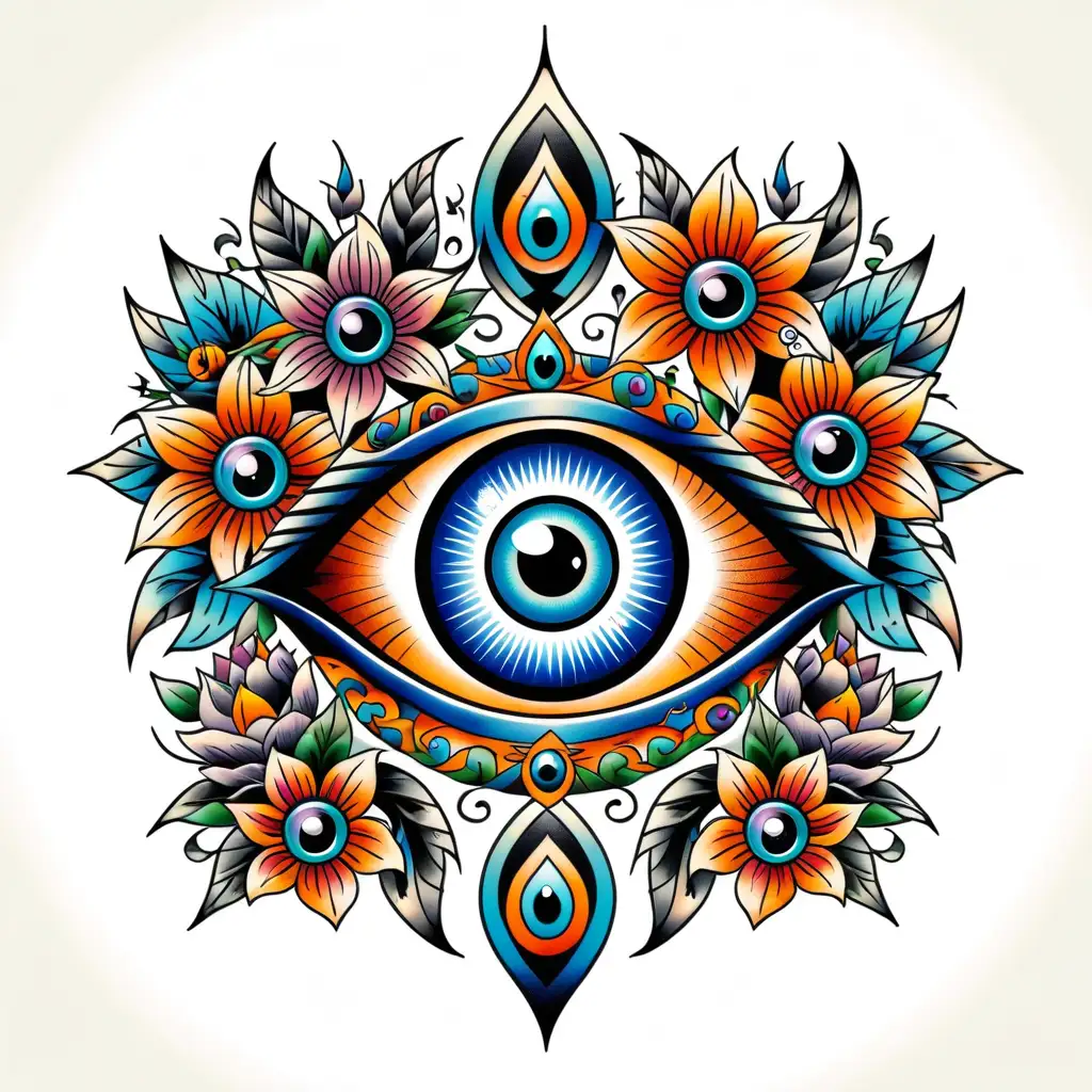 Vibrant Old School Tattoo Design with Evil Eye and Flowers on White Background