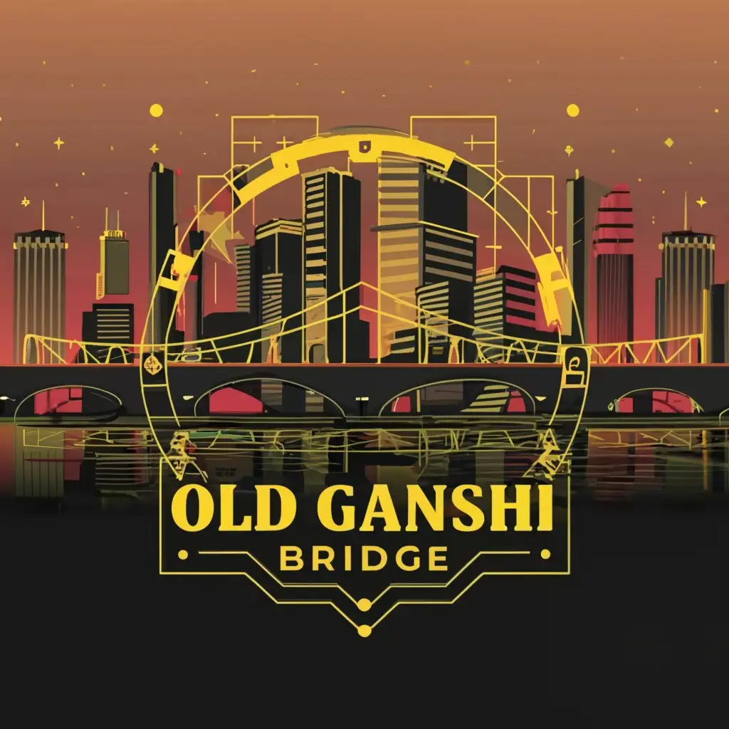 a logo design, with the text 'Old Ganshi Bridge', main symbol: golden bridge, complex, city background, futuristic fonts, chest pin, cyberpunk style