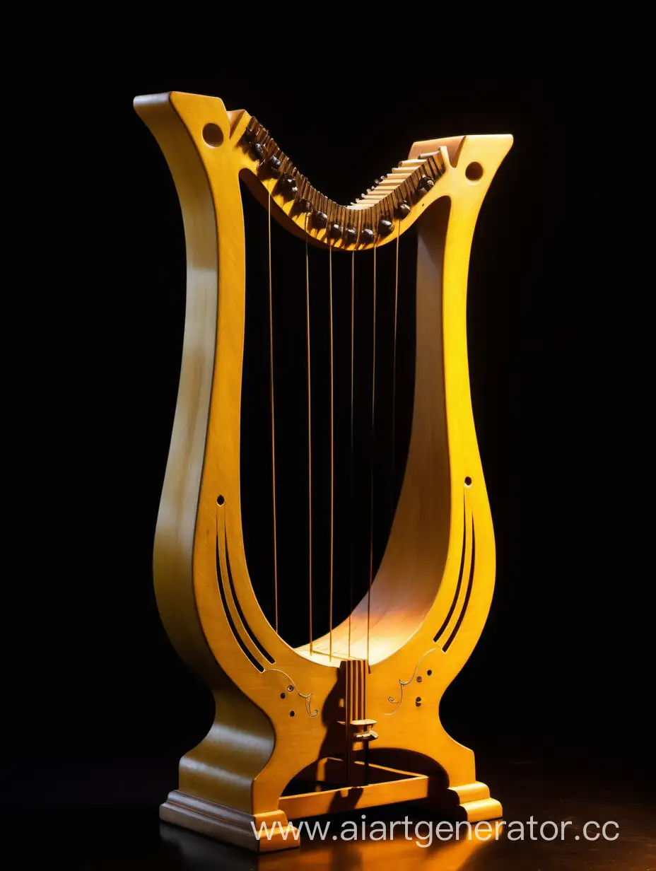 Музыкальный инструмент лира стоит на темном фоне, справа на нее падает жёлтое освещение
