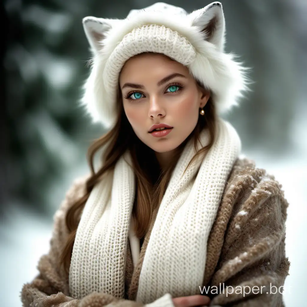 create a photo of a young model with natural colours, glowing skin, green eyes, natural make-up, earthy earrings, wearing textured fur jacket material, a large knitted hat and scarf, snow background, holding a white fox, realistic photo, excellent visual focus on the face, hair, eyes and clothing and jewellery through the processing of light and textures of the fabric, make sure the clothing, make up and headwear compliment each other, and the final image should be high fashion and impressive