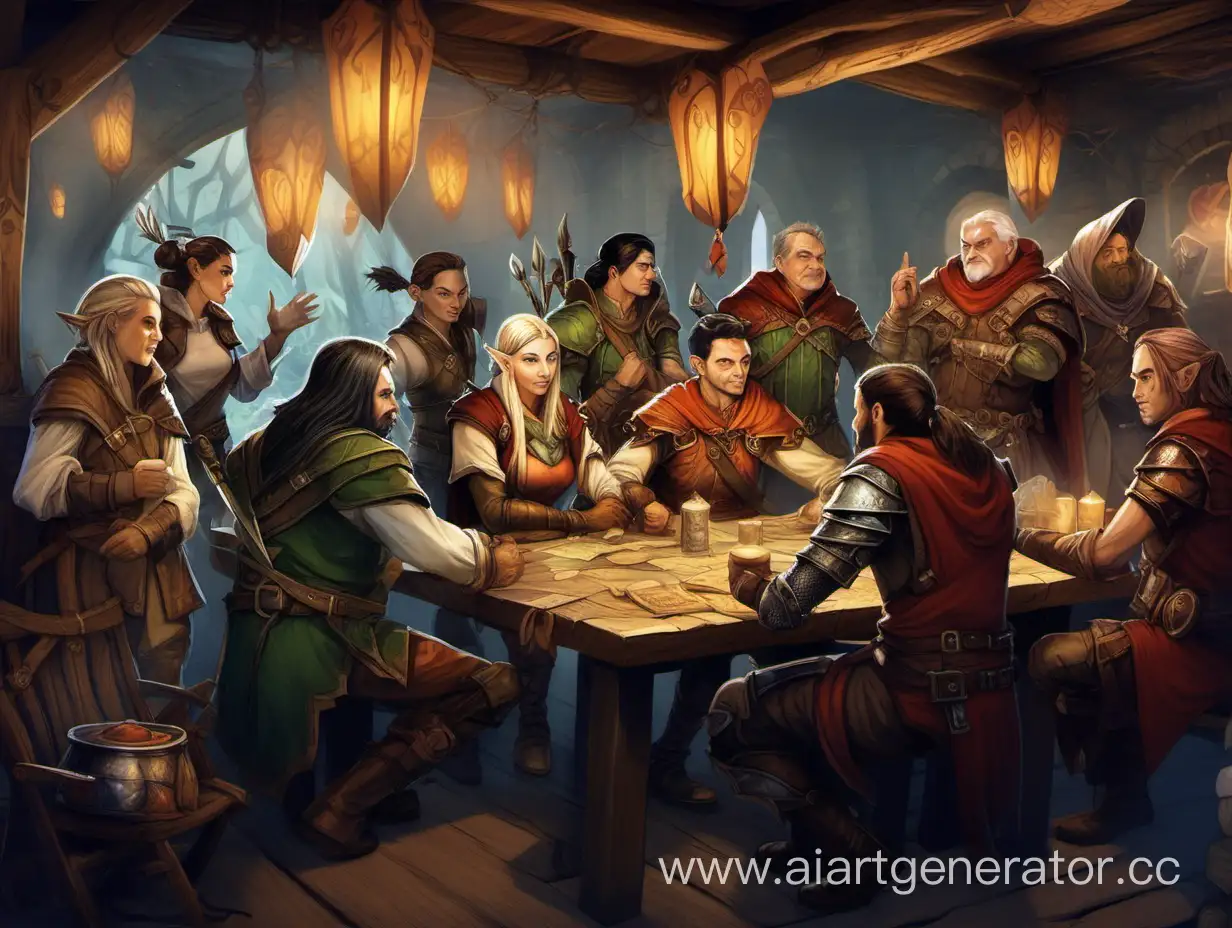 tavern with gathered adventurers of 10 people and elves at the table discussing a quest on leaflets, warrior, mage, archer, healer
