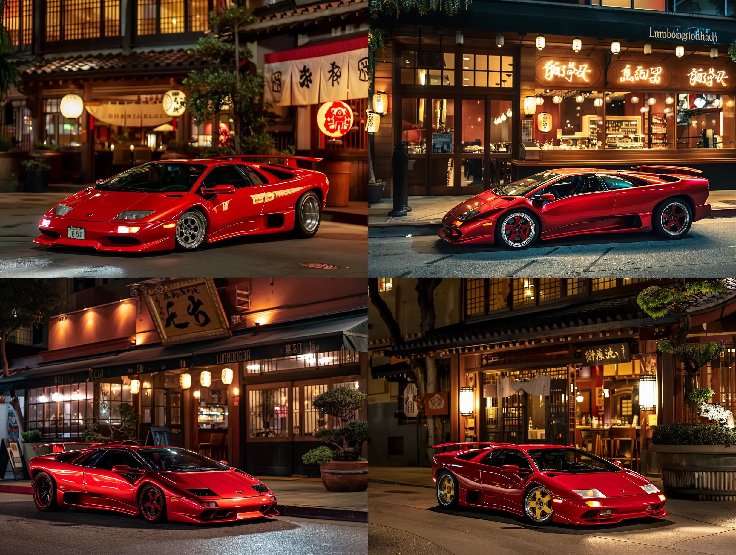 Red Lamborghini diablo, parked, outside, in front of a big Japanese restaurant, in Los Angeles, at night