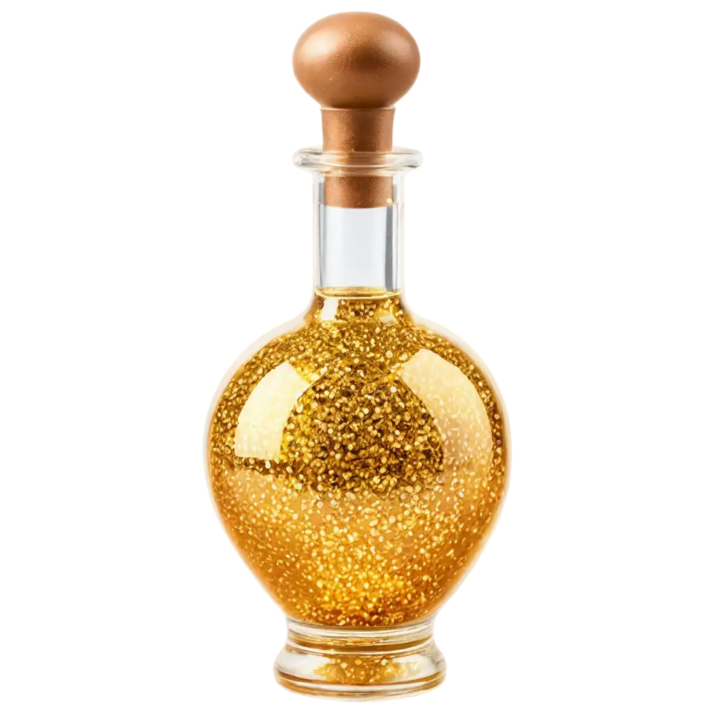 A glass potion vial filled with a Glittery Gold liquid  