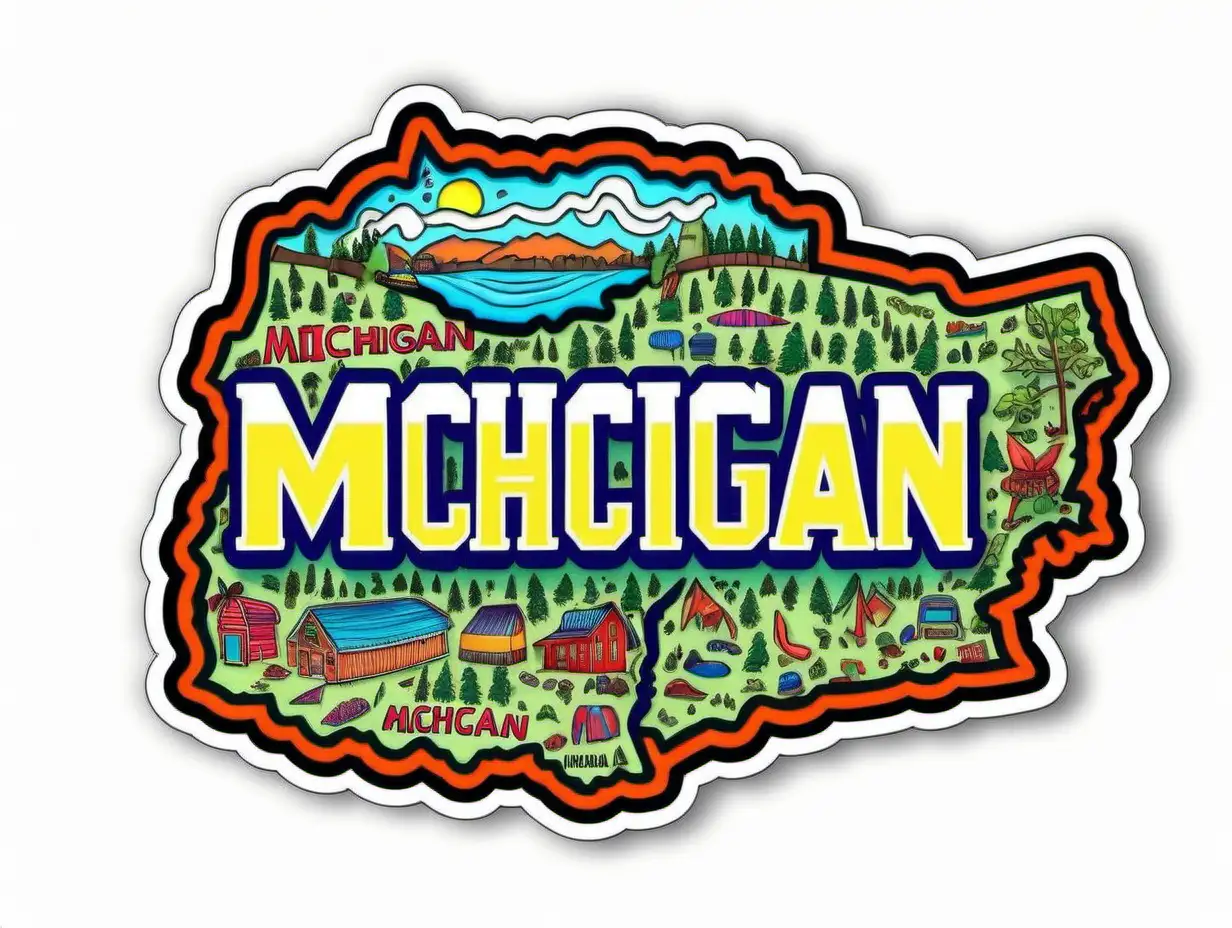 Michigan Name Sticker, Sticker, Adorable, Electric Colors, Folk Art, Contour, Vector, White Background, Detailed
