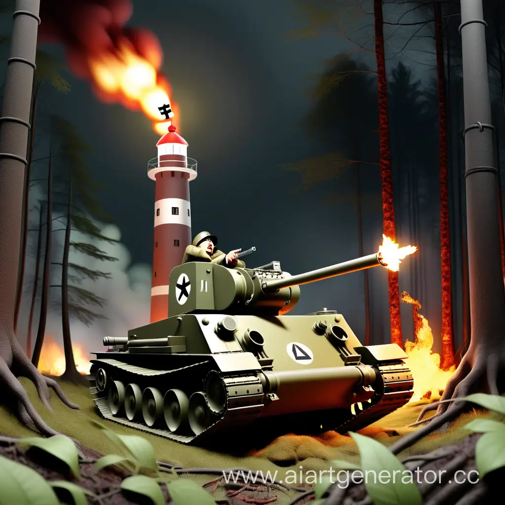 T3485-Machine-Gun-Duel-in-Dark-Forest-with-Lighthouse-Silhouette