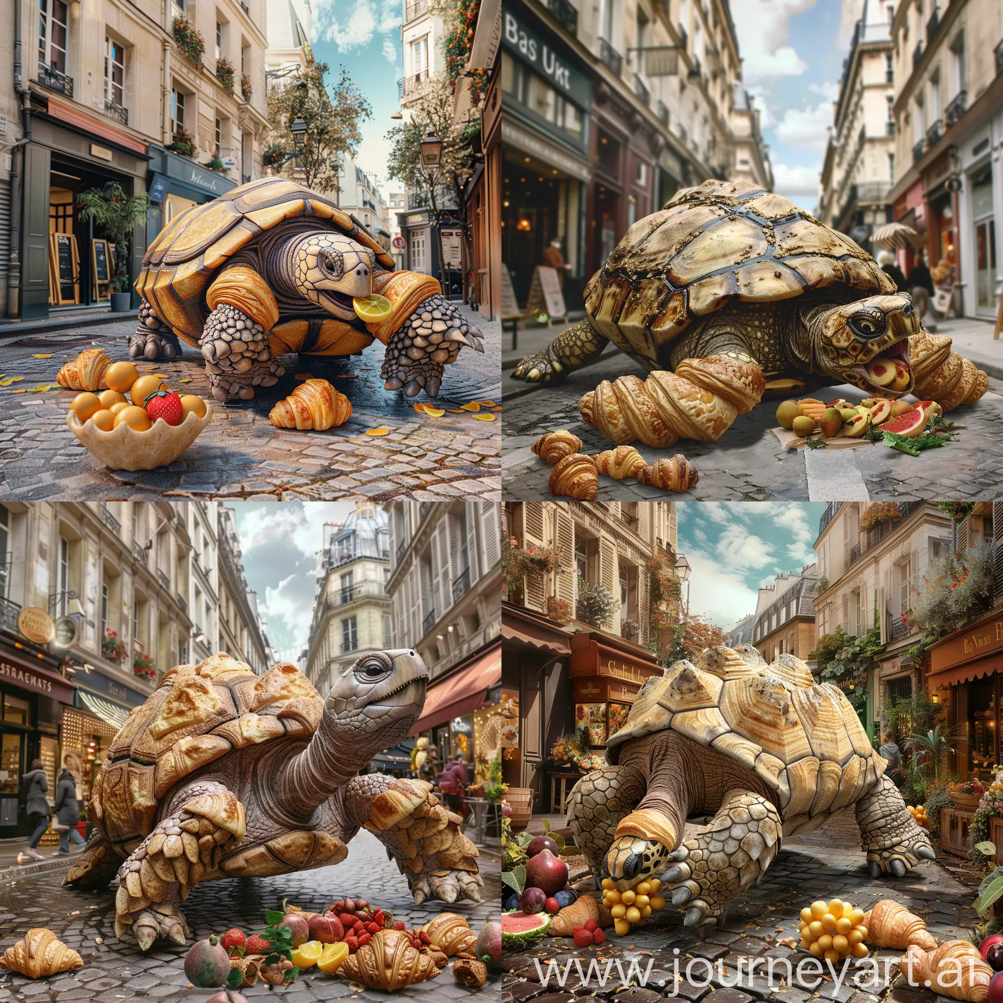 A realistic giant turtle with skin and shell made of the texture of croissants, eating pastry fruit in a street of Paris with hints of Jurassic park.