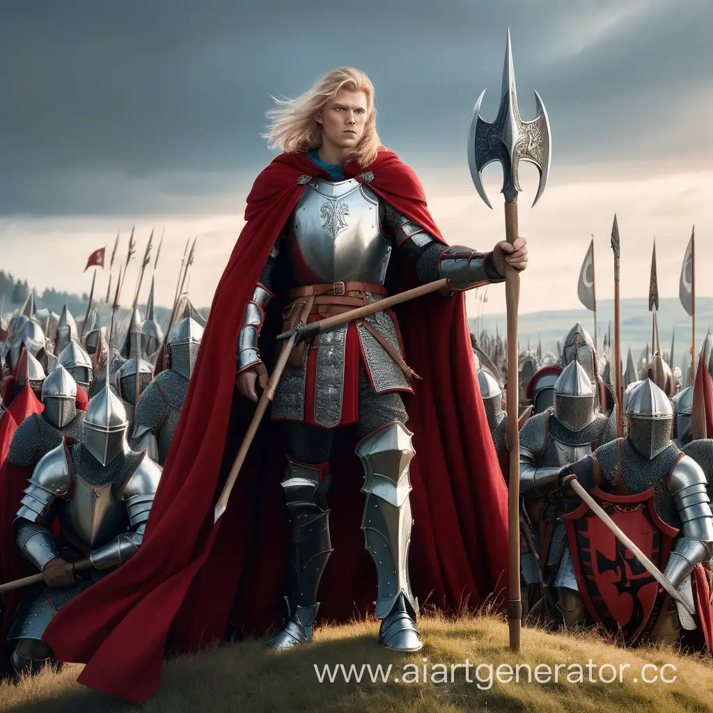 portrait, a nordic man with fair hair, beautiful, blue eyes, dressed in armor and a red long cloak, stands on a hill, holding a 
hellebarde in his hand, in the far background is his army of knights with spears