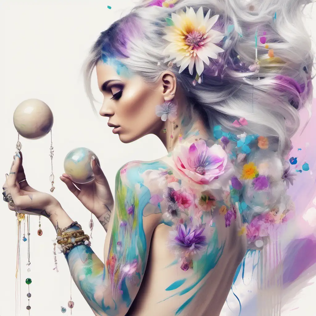 abstract exotic white model with pastel flowers that bleed into her hair, big Jewelry{she has soft tattoos on her arms and shoulders} {3 crystal balls fly around her}. {She is painting  a work of art} copy image