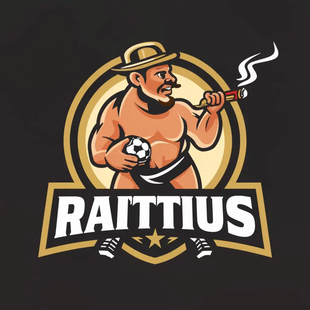 a logo design,with the text "Raittius", main symbol:drunk and fat man playing soccer and smoking,Moderate,be used in Sports Fitness industry,clear background
