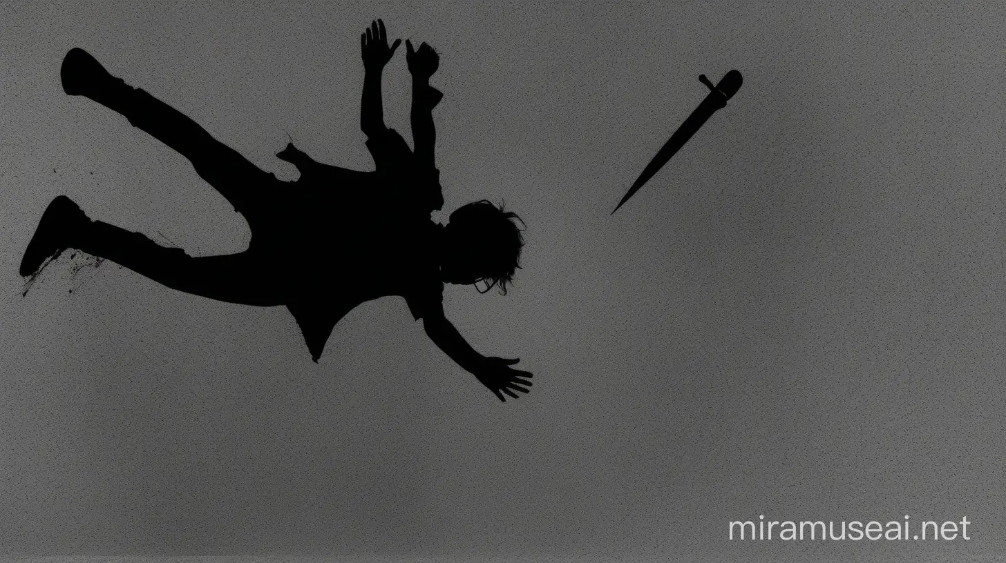 this image look like person visuals fully black shadows and chillout style. concept of the image was the boy fell down with knife scratches on his body. thi image in curious top camera angle 