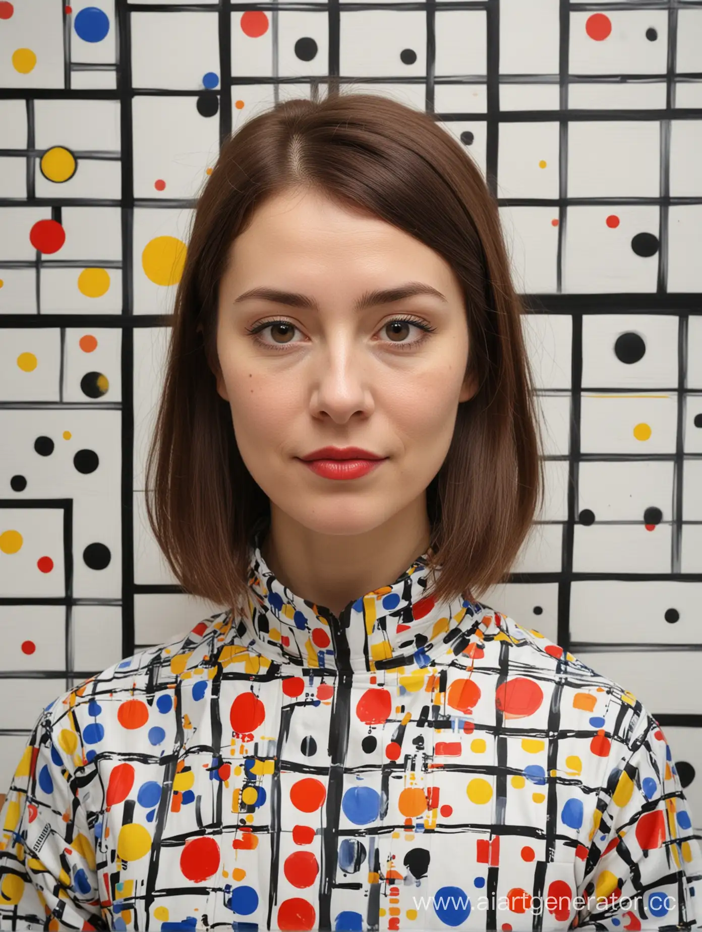 Create a painting based on the work of the artist Pete Mondrian and Yayoi Kusama. 