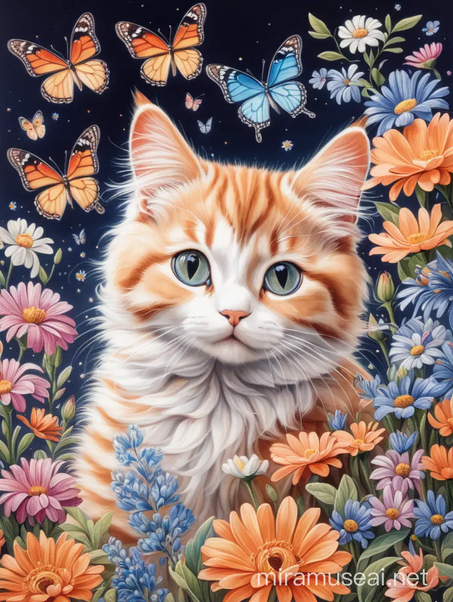 Whimsical Cat Among Vibrant Flowers and Fluttering Butterflies