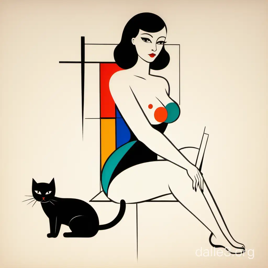 the lady pin-up and the cat multicolored drawing minimalism suprematism naive