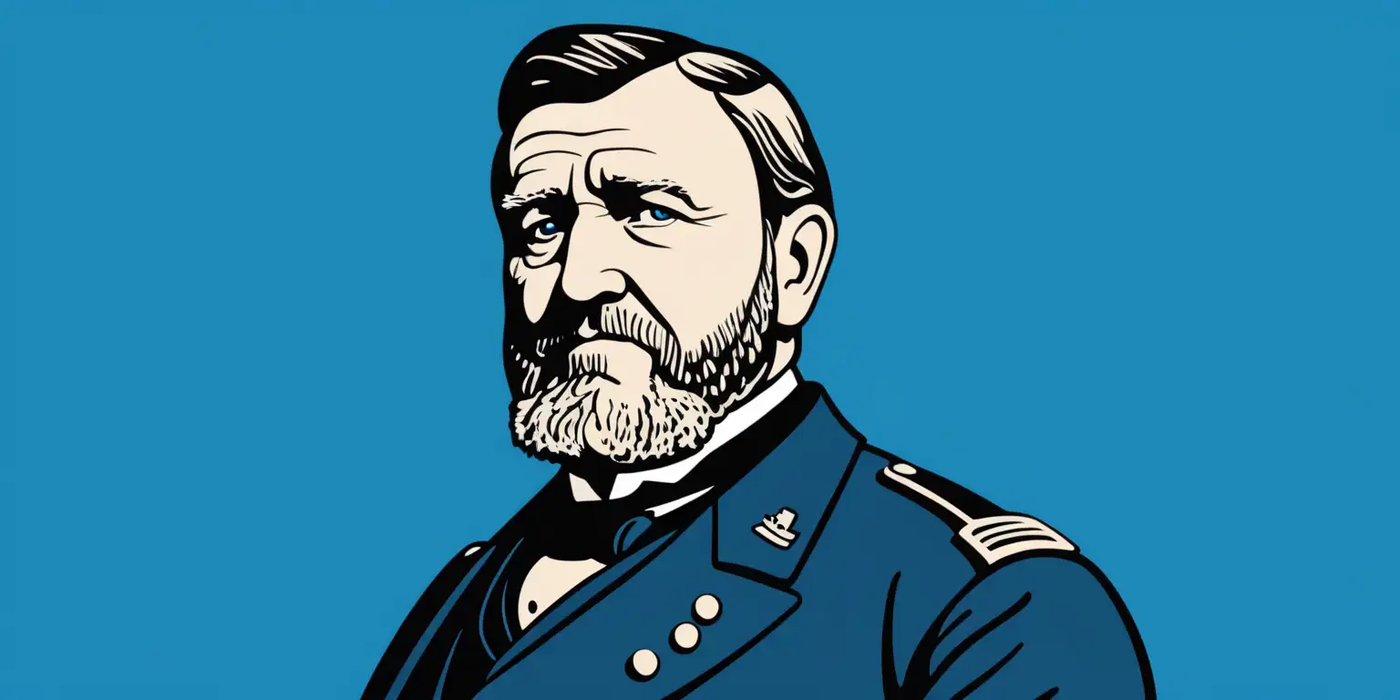 cartoon of Ulysses S. Grant with a solid blue background