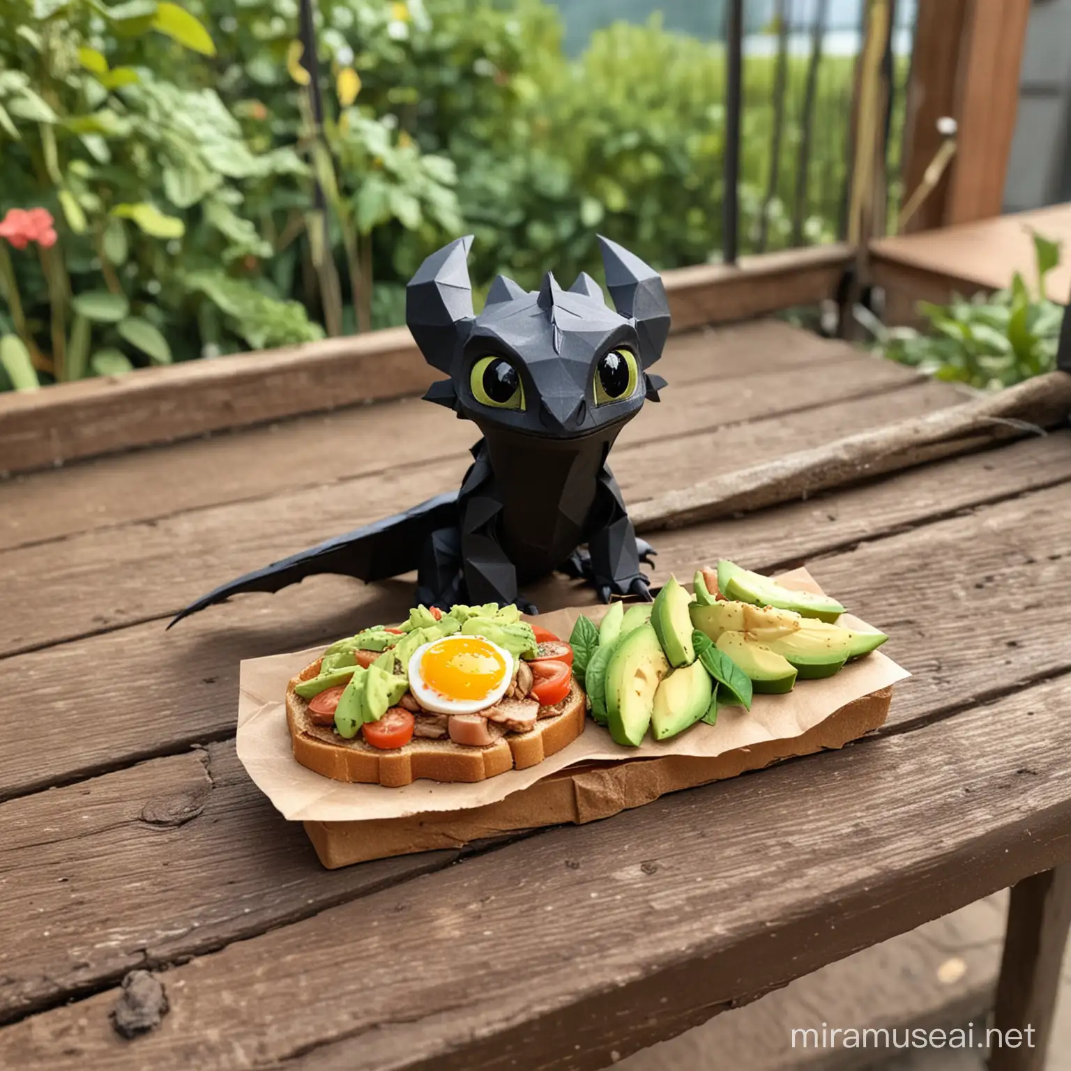 paper origami toothless from the movie "how to train your dragon" eating avocado toast on garden balcony