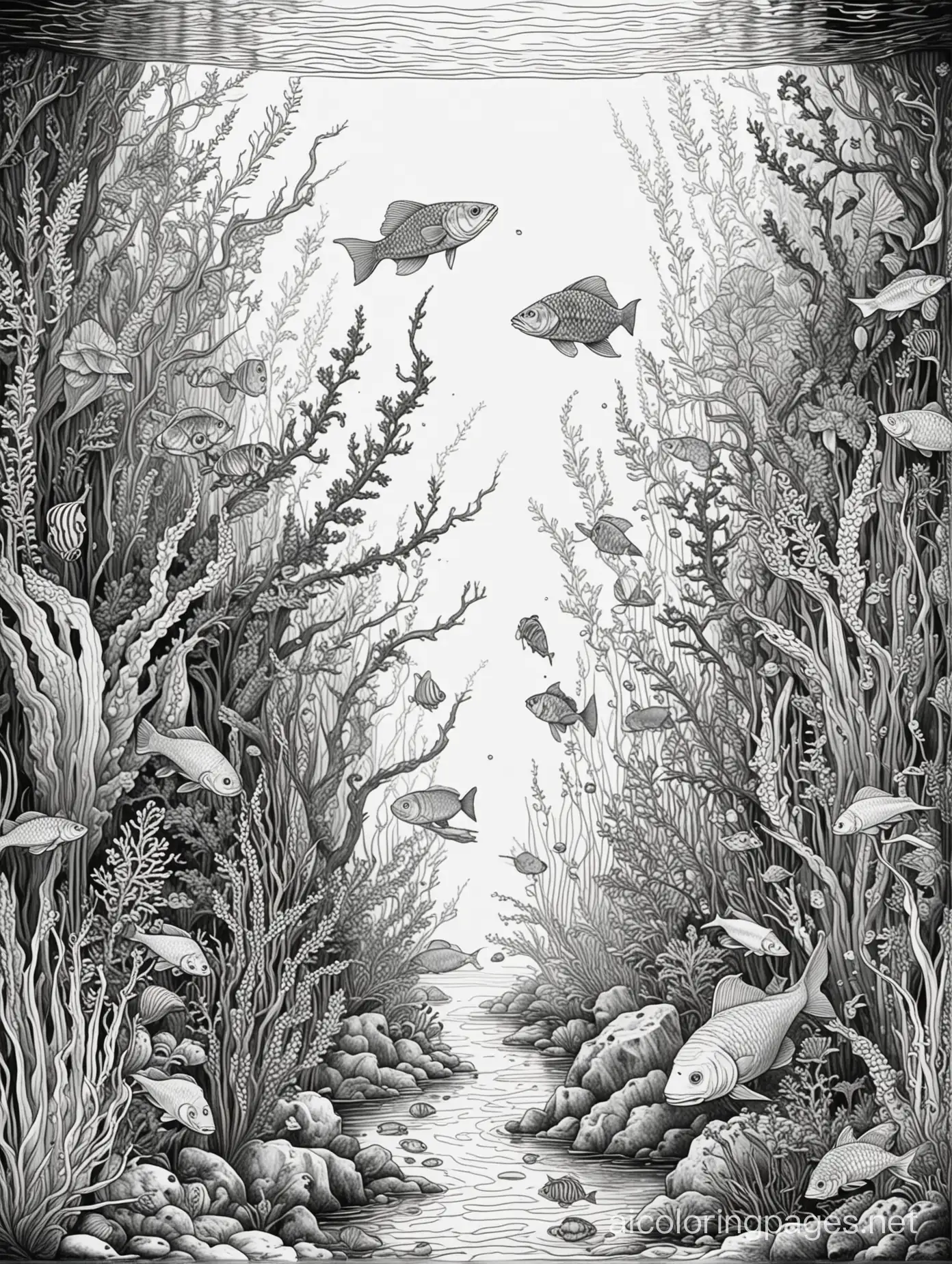 aquarium scene in the style of Boris Indrikoff trending on Art station  extremely detailed  fantasy  oil on canvas  beautiful  high detail  crisp quality, colourful, Coloring Page, black and white, line art, white background, Simplicity, Ample White Space. The background of the coloring page is plain white to make it easy for young children to color within the lines. The outlines of all the subjects are easy to distinguish, making it simple for kids to color without too much difficulty