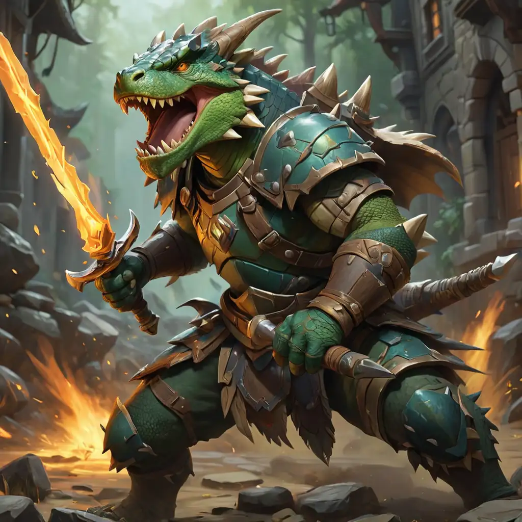 armored dragonborn performing slash attack, argonian rpg character, hearthstone art, lizardfolk