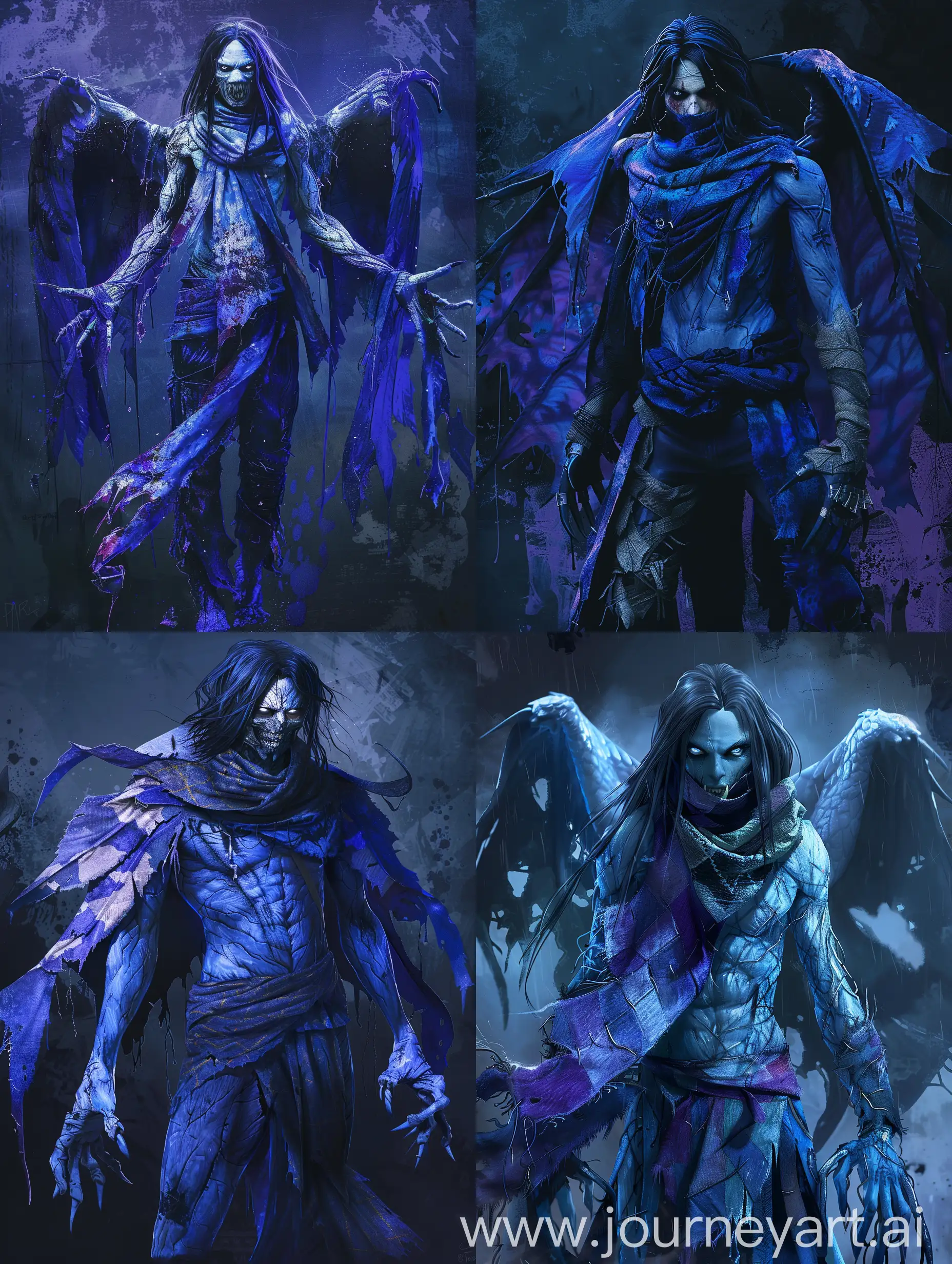 Raziel, Legacy of Kain , full-length blue withered skinny body, medium-long black hair, rough skin structure, scarf covers mouth, bright white eyes, fangs, claws, ragged patchwork wings, horror style, digital art in blue and purple shades, dark background, smudges, 8k