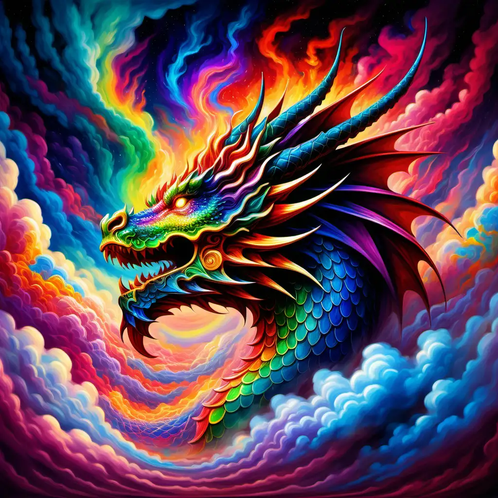 Majestic Dragon Head Soaring Through Vibrant Iridescent Clouds