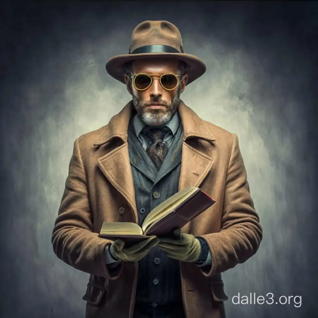 Портрет опасного мужчины в плаще и шляпе в солнцезащитных очках с книгой в руках вместо пистолета рисунок