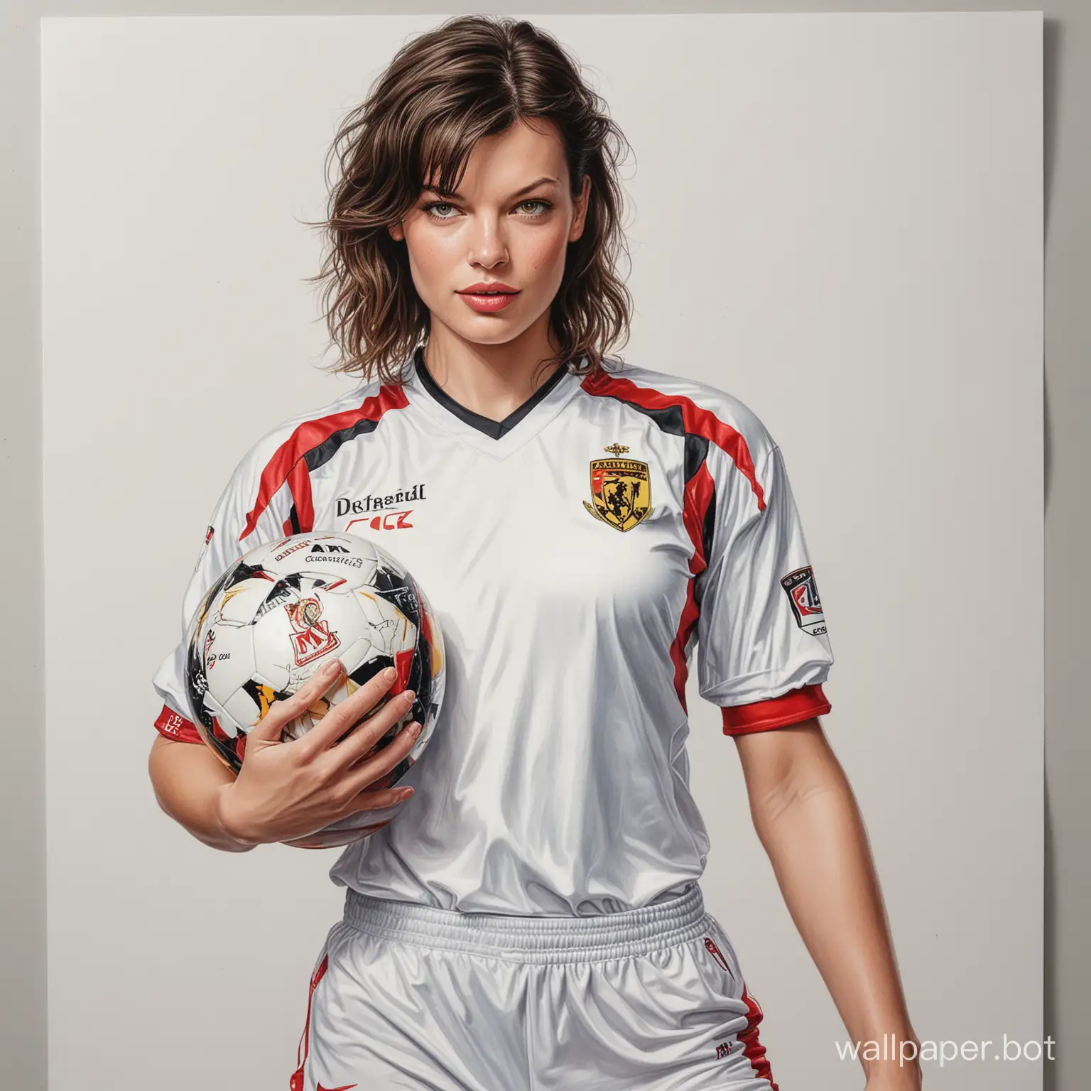 sketch young Milla Jovovich 26 years old dark hair 4 chest size narrow waist in football uniform MK DONS holds a big champions cup white background high realism drawing with a colored marker sexy